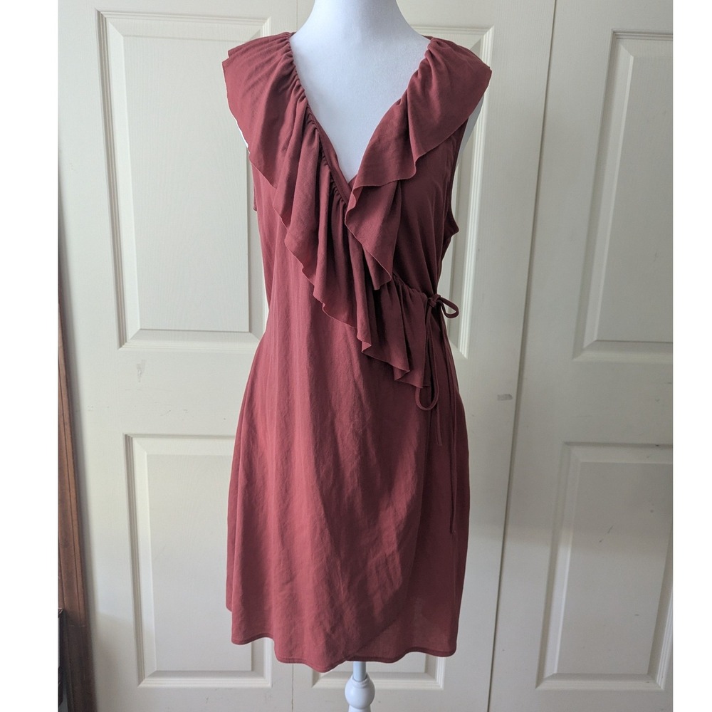 Zara Ruffle Wrap Dress Women Sz L Terracotta Rose Sleeveless V-Neck Knee Length